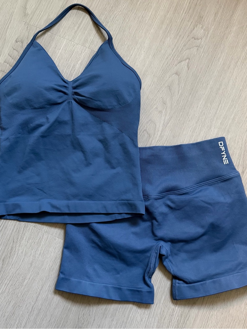 DFyne blue impact sports bra and shorts set